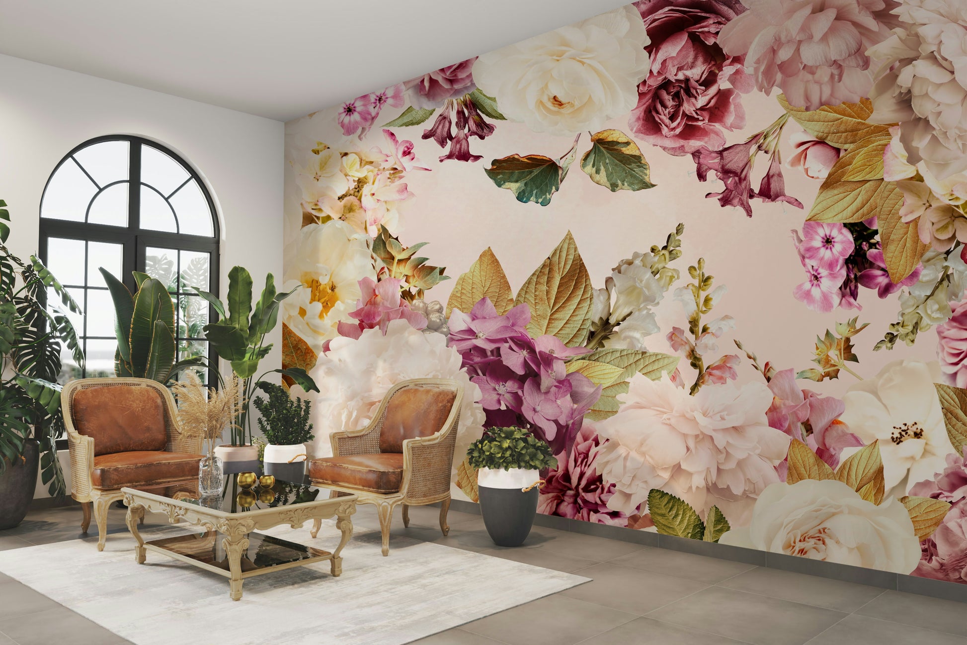 Garden-inspired mural in gentle, warm tones

