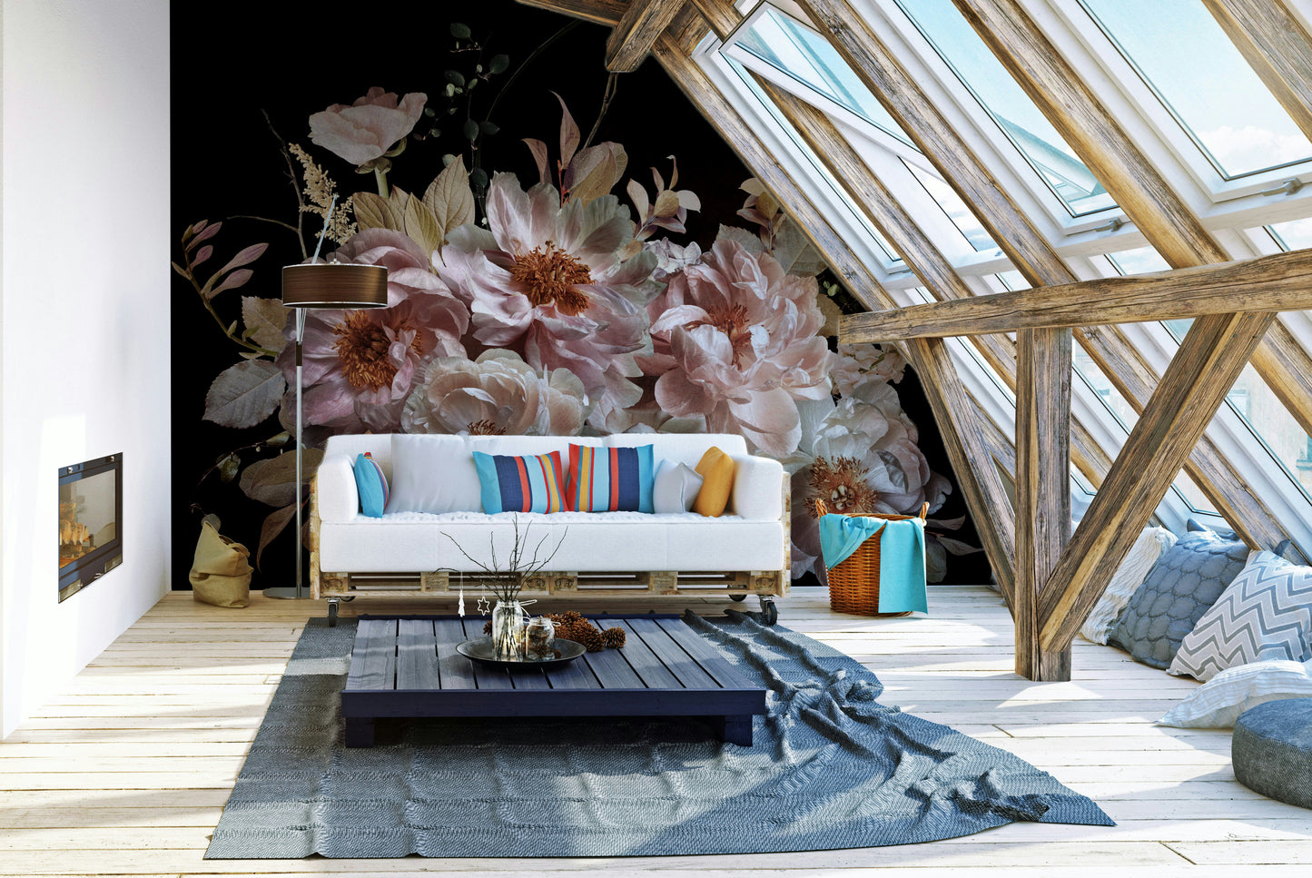 Garden mural in deep blues, purples, and greens

