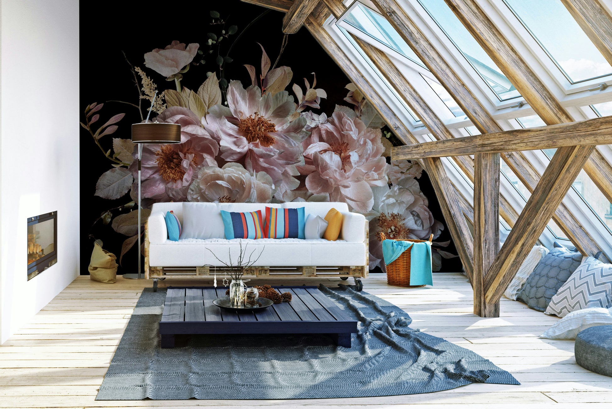 Garden mural in deep blues, purples, and greens

