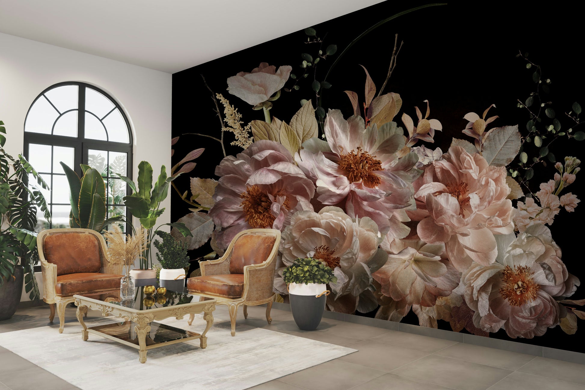 Elegant garden wallpaper in midnight hues

