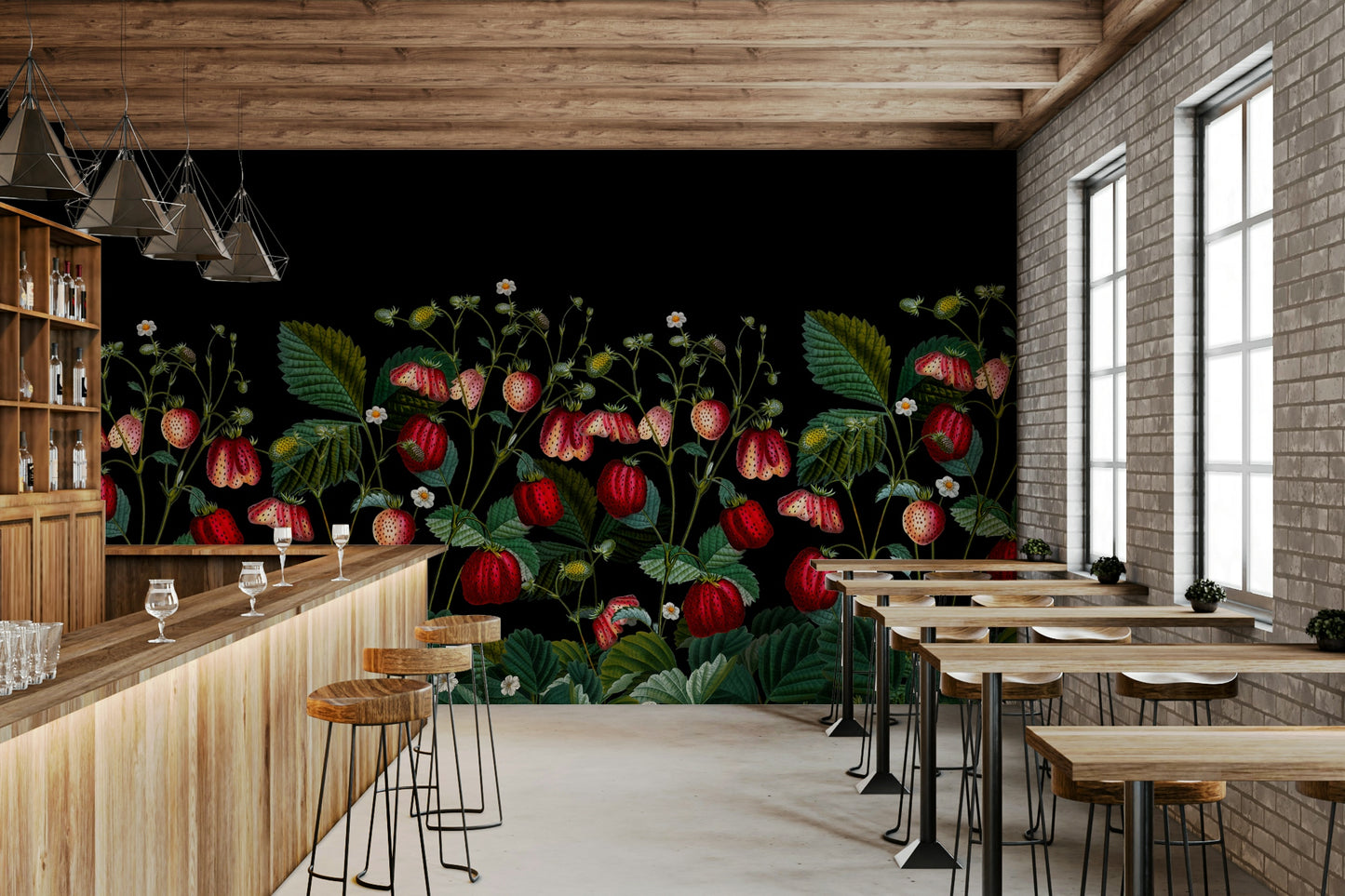 Botanical wallpaper in midnight hues with fruit

