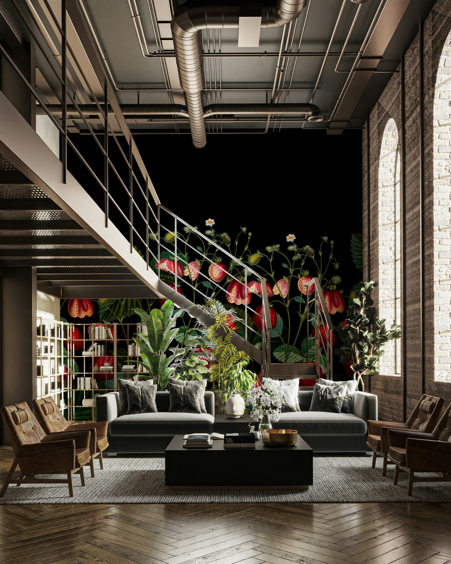 Artistic wallpaper with strawberries and florals

