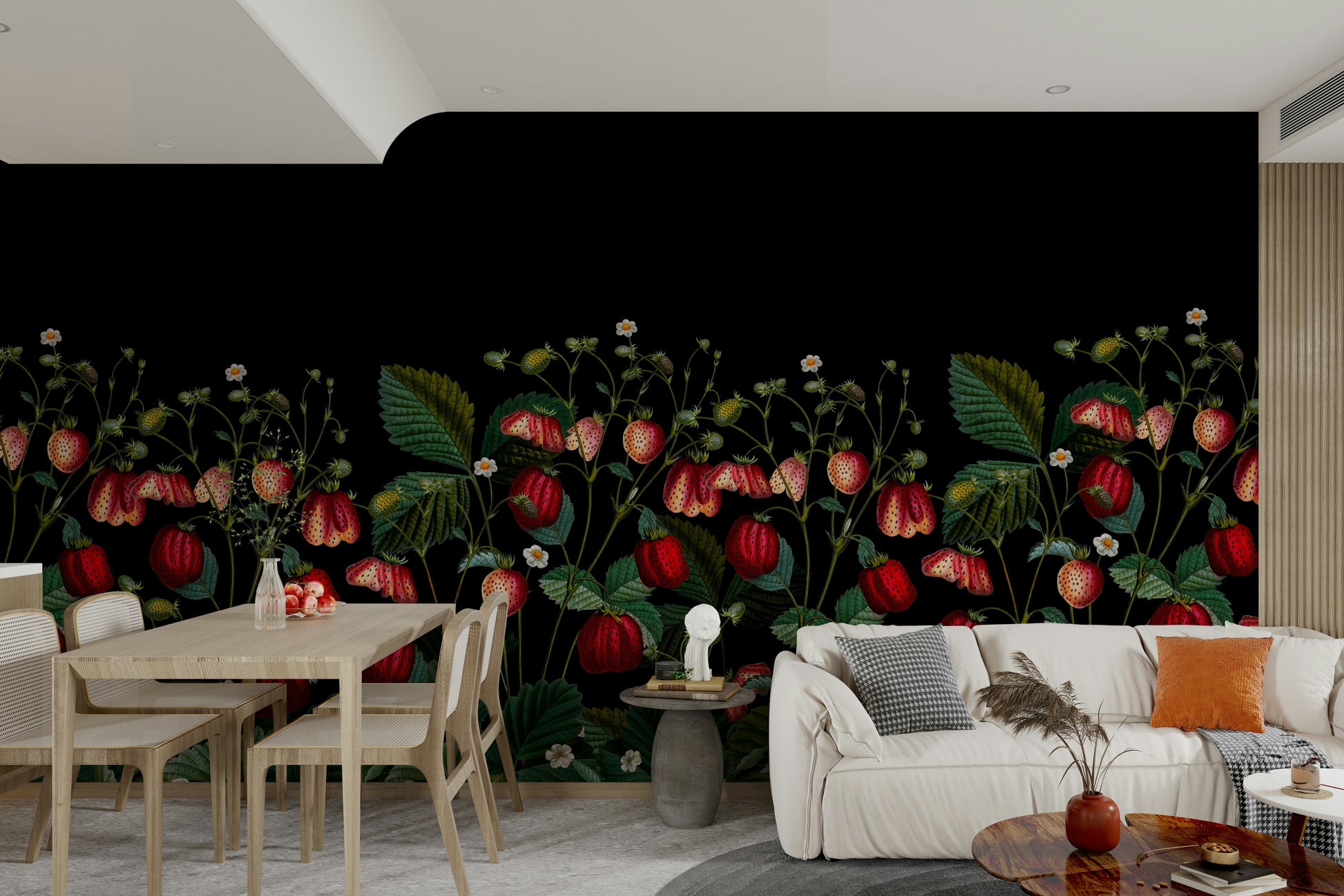 Night-themed floral design with ripe strawberries

