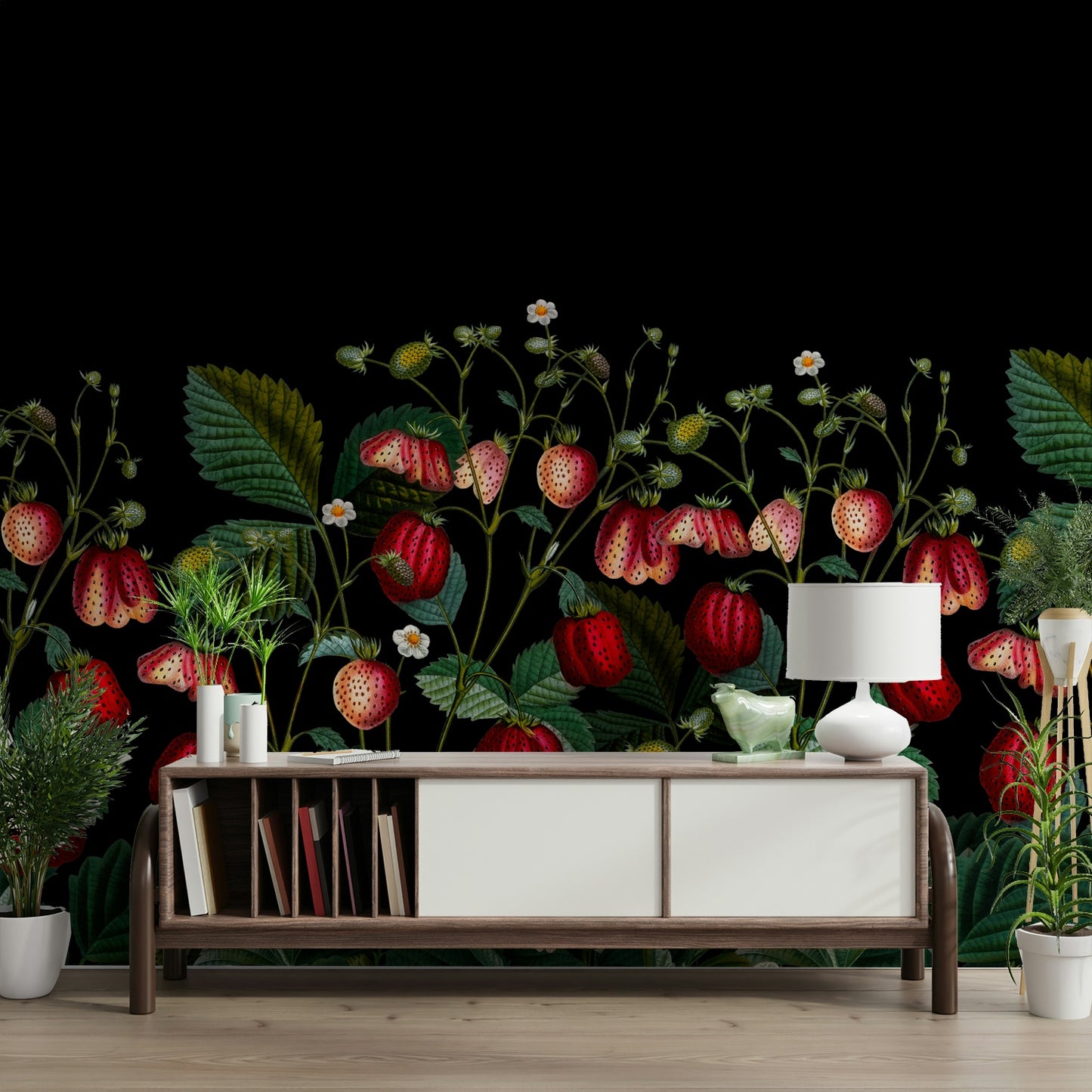 Elegant wall mural with red berries and flowers

