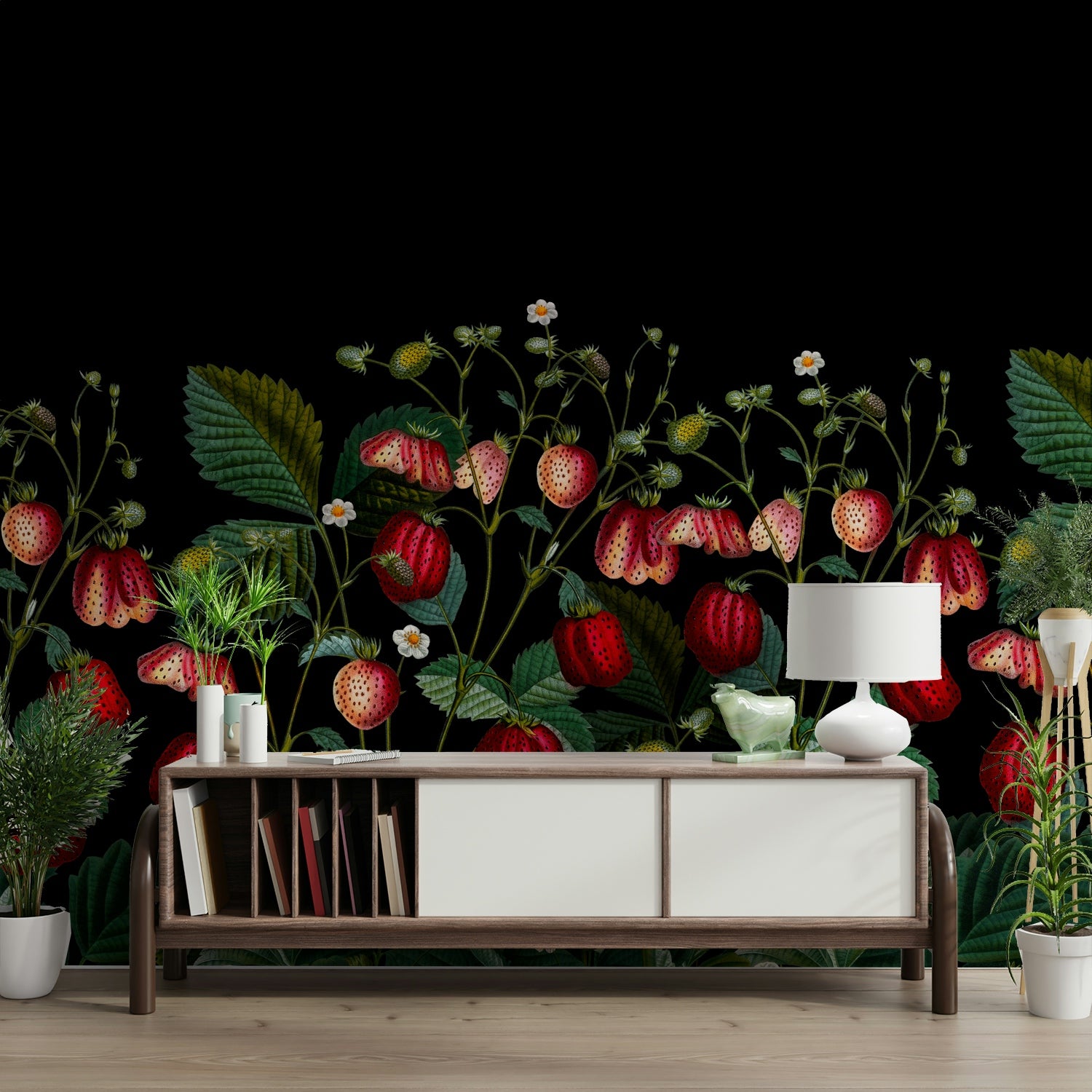 Elegant wall mural with red berries and flowers

