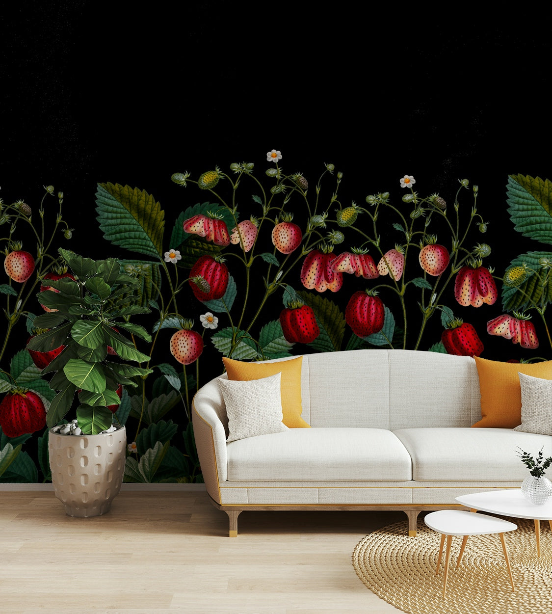 Detailed garden mural with berries and foliage

