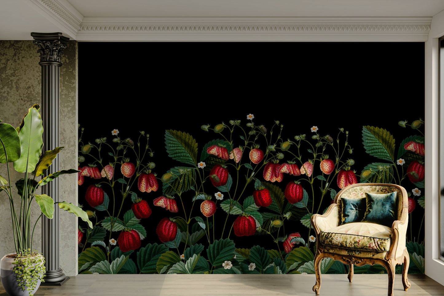 Moody garden wallpaper featuring strawberries

