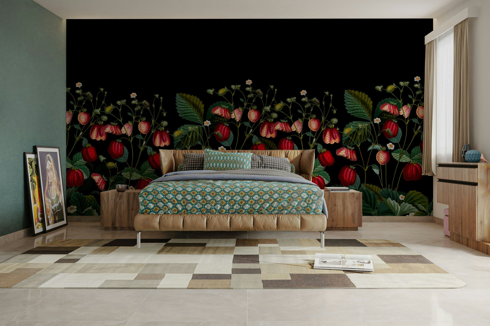 Romantic strawberry and floral wall design

