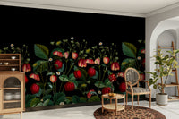 Deep-toned mural with strawberry garden elements

