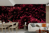 Artistic floral mural featuring burgundy dahlias

