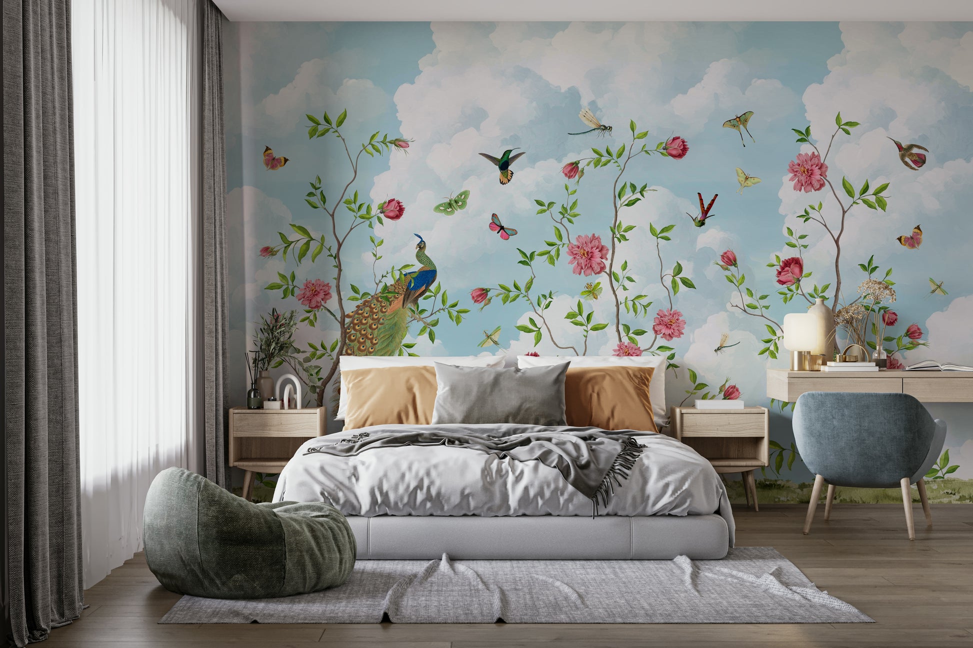 Soft-toned garden mural with layered foliage

