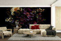 Dark garden wallpaper with painterly flower style

