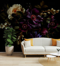 Deep floral wallpaper with expressive brushstrokes

