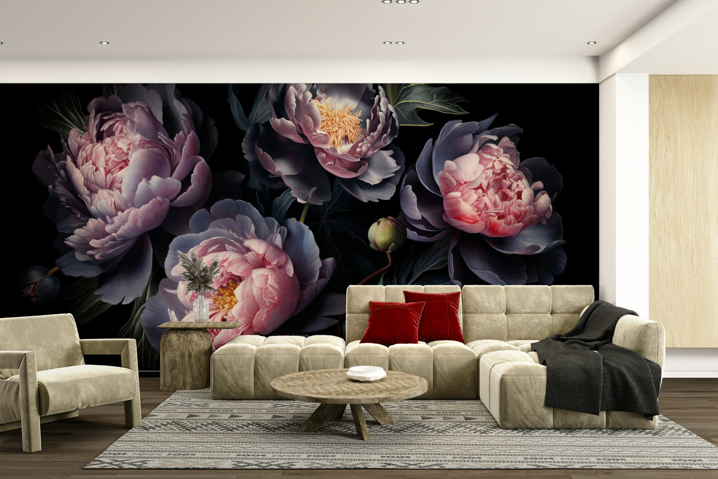 Artistic floral mural with rich peony blossoms

