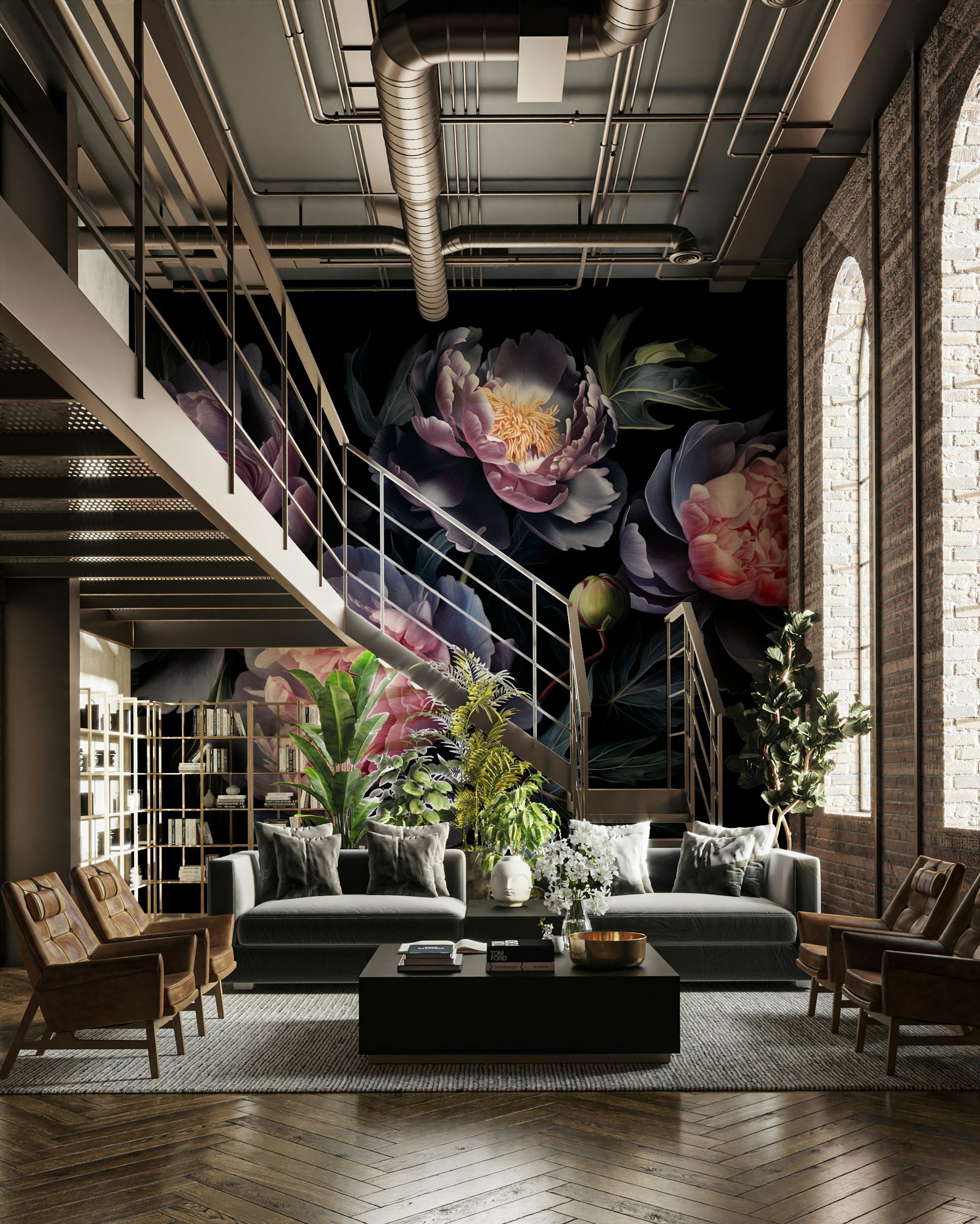 Deep background mural with blooming peonies

