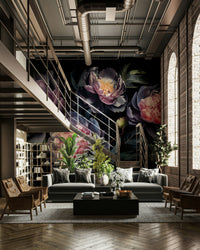Deep background mural with blooming peonies


