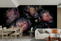 Elegant peony wallpaper in rich midnight shades

