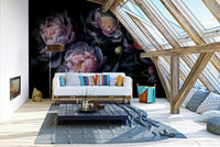 Peonies wallpaper in dark blue and soft pink mix

