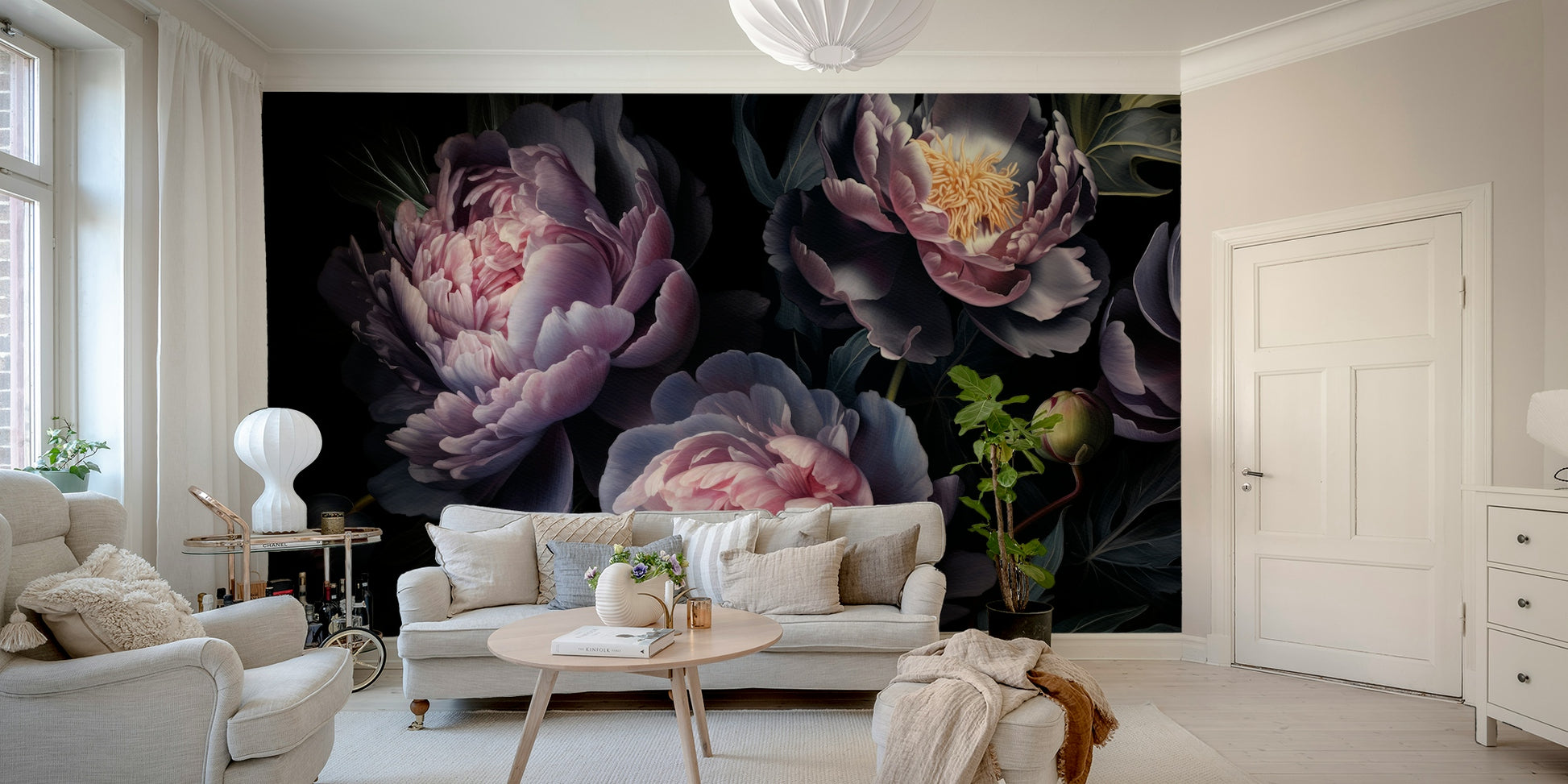 Bold floral wall mural with detailed peony petals

