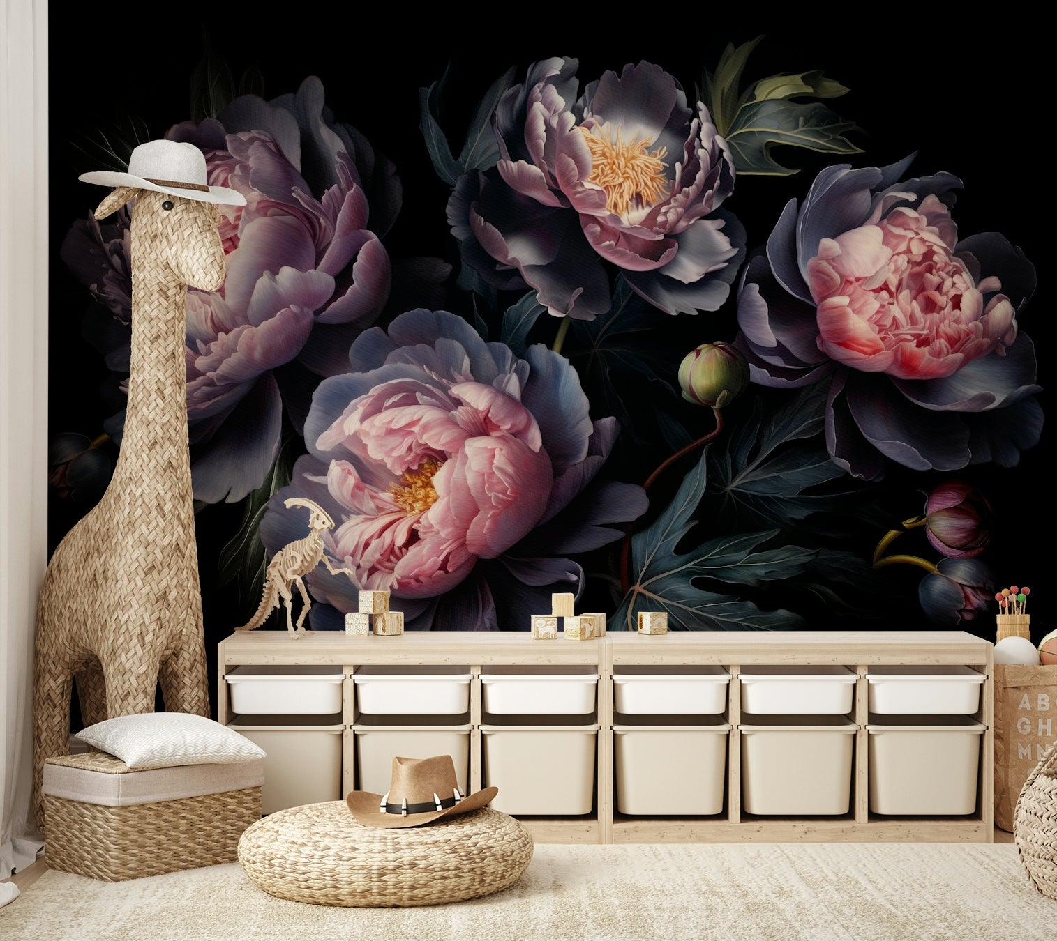 Moody floral wallpaper with large peony flowers

