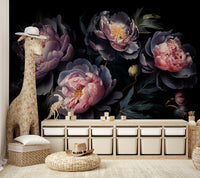 Moody floral wallpaper with large peony flowers

