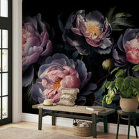 Midnight peonies wall mural in dark floral tones

