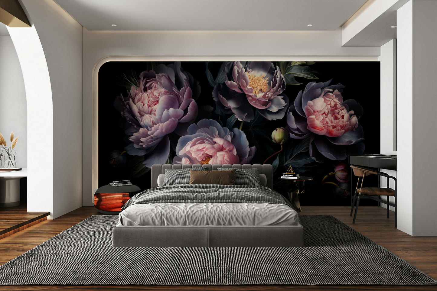 Dark floral wall design with peonies in bloom

