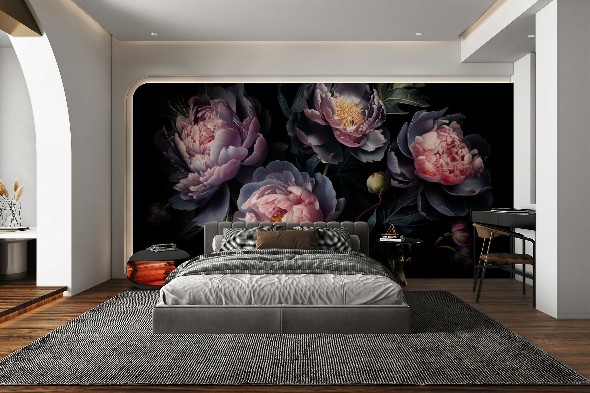 Dark floral wall design with peonies in bloom

