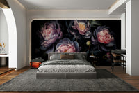 Dark floral wall design with peonies in bloom

