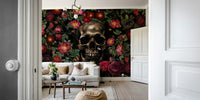 Decorative floral skull mural in muted colors

