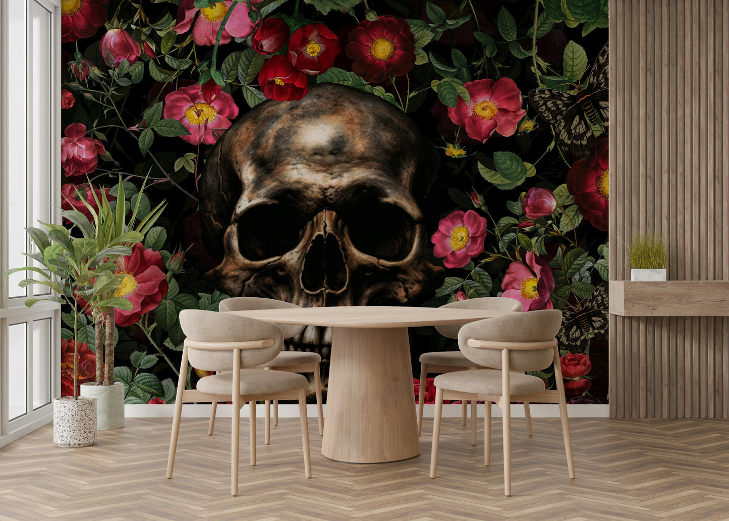 Artistic skull and rose wall mural in classic tones


