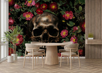 Artistic skull and rose wall mural in classic tones

