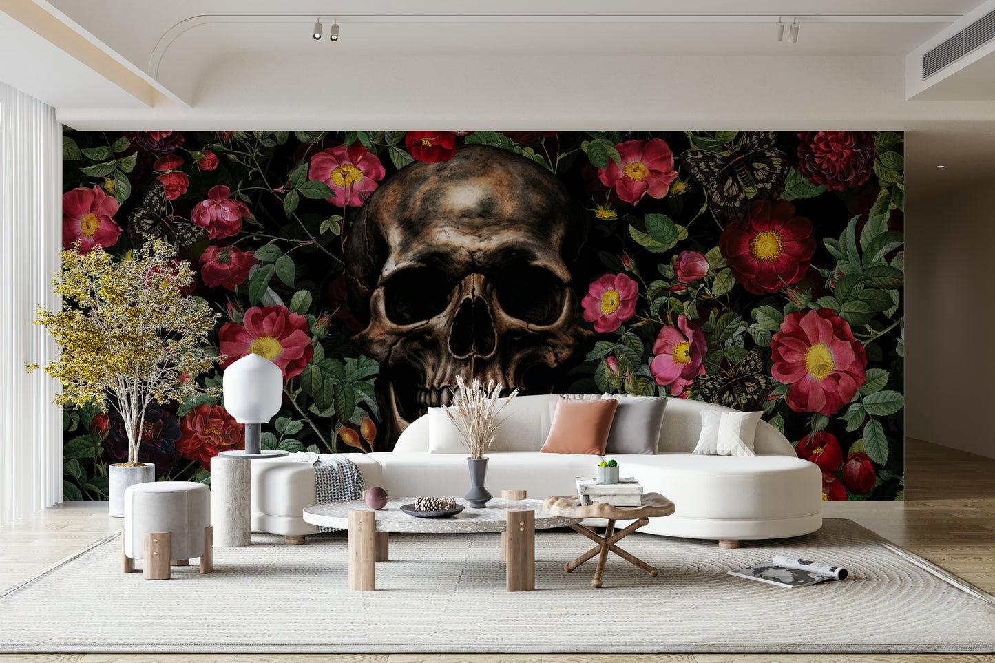 Elegant Memento Mori wall design with red roses

