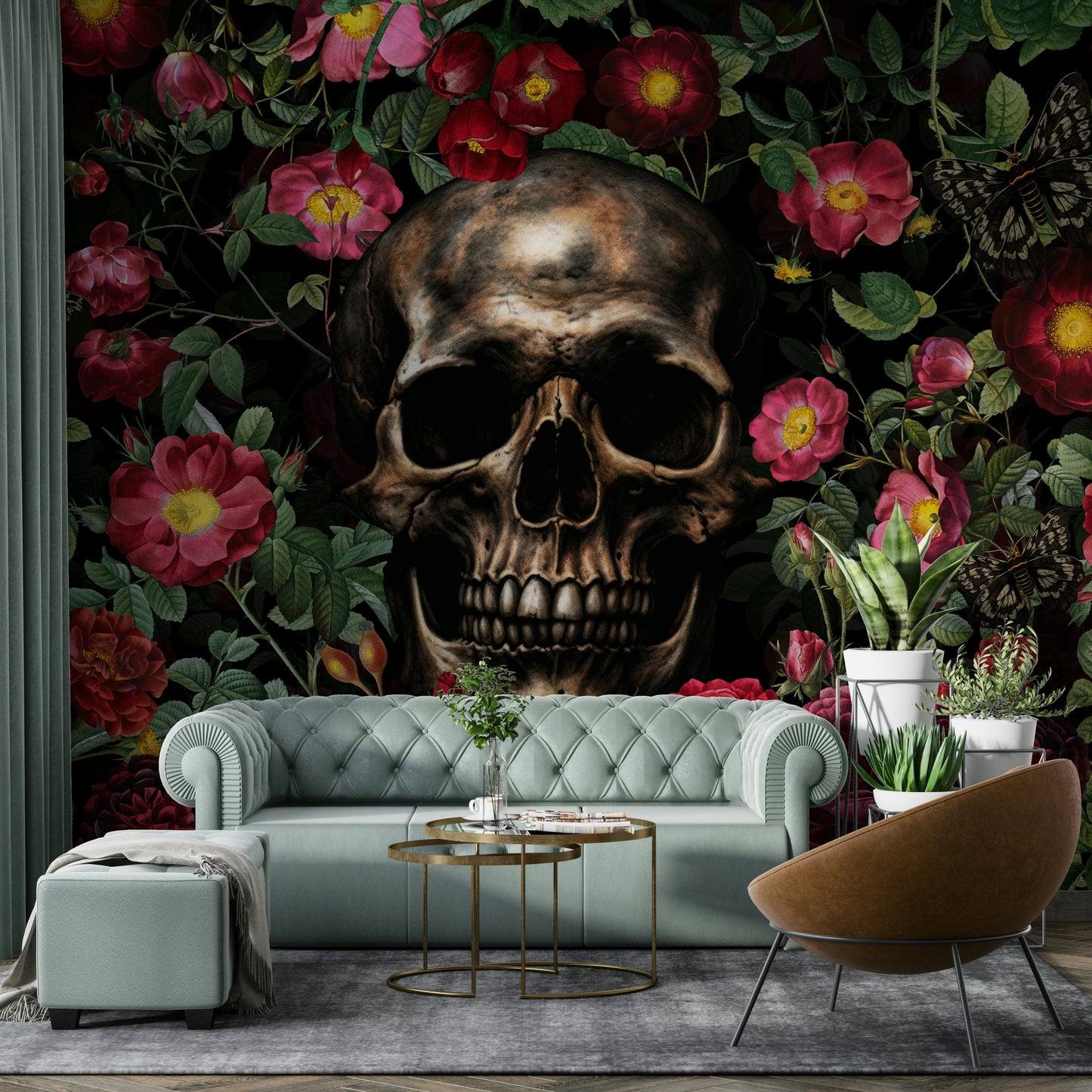Gothic-style wallpaper with roses and symbolism

