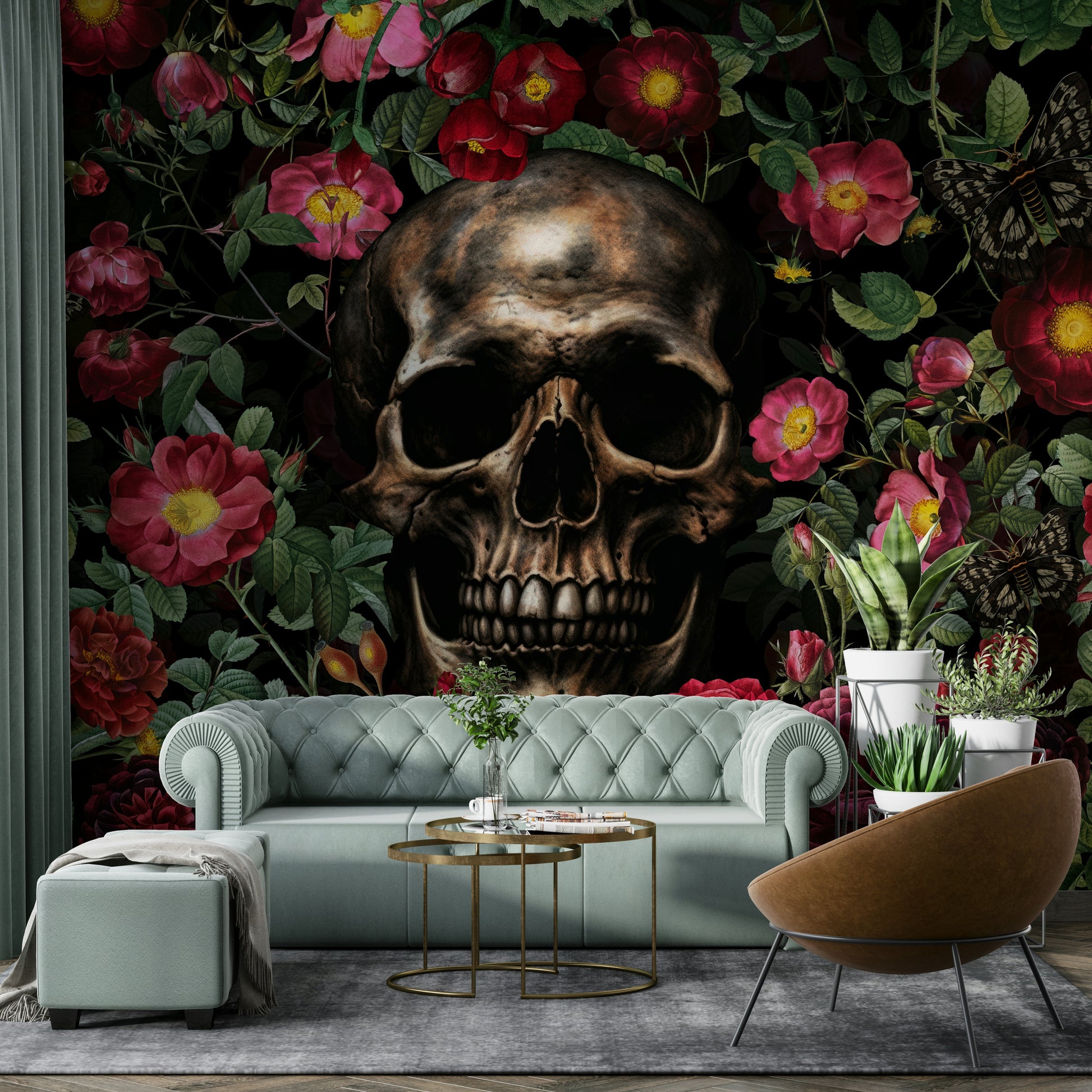 Gothic-style wallpaper with roses and symbolism

