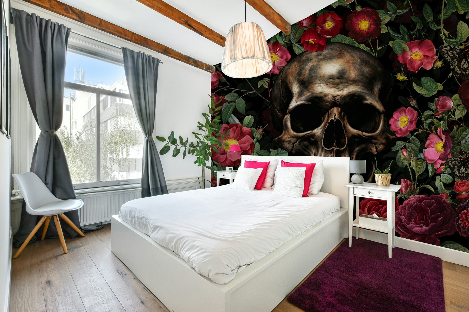 Mural featuring life and death themes with florals

