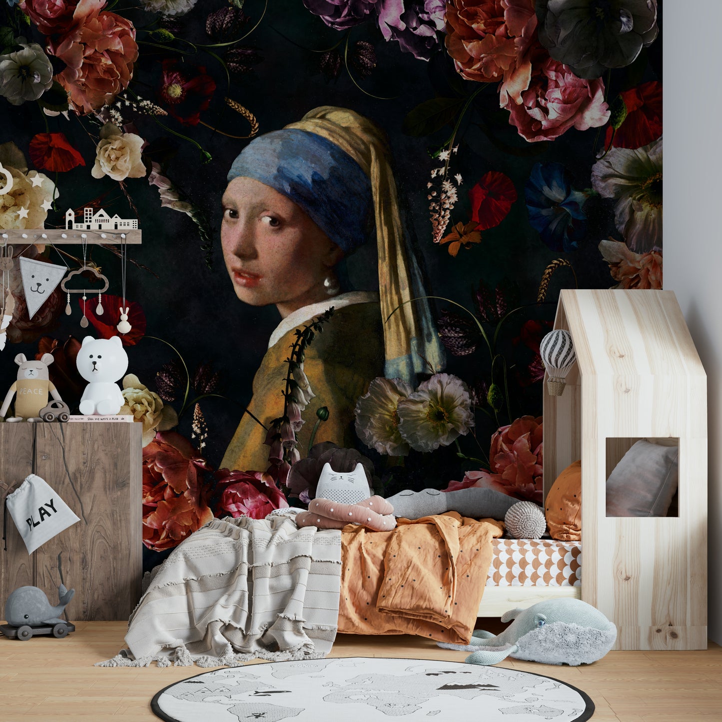 Renaissance-inspired floral wall mural with portrait

