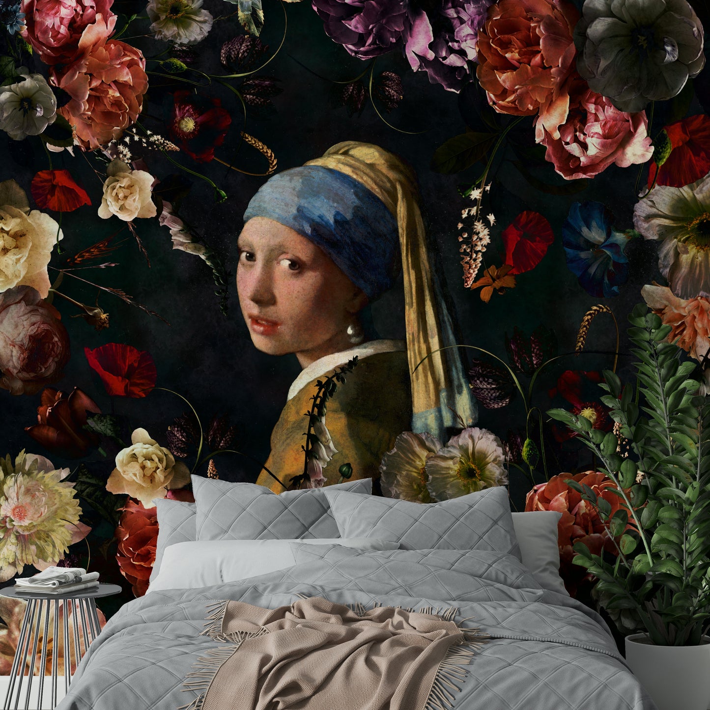 Girl with a Pearl Earring in a floral wall covering

