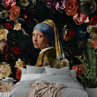 Girl with a Pearl Earring in a floral wall covering


