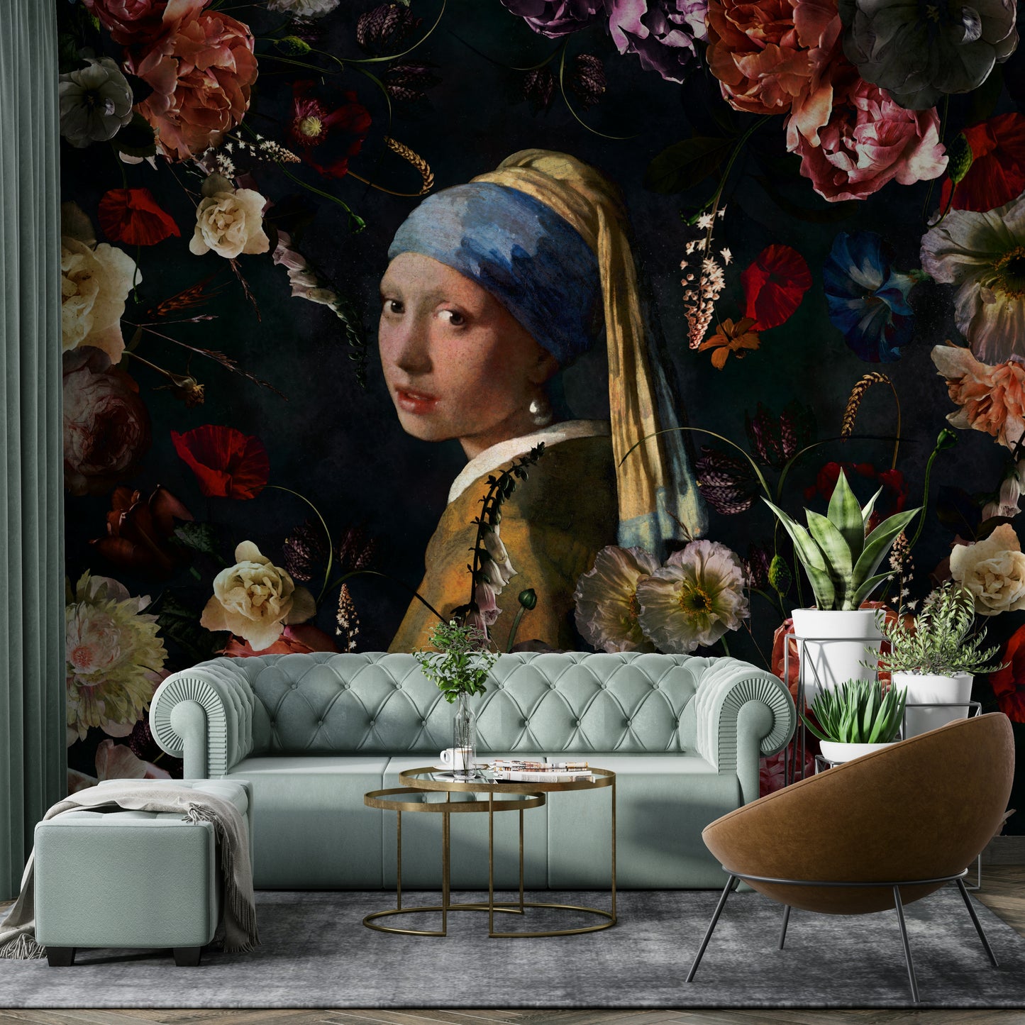 Elegant art mural with historic and floral blend

