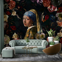 Elegant art mural with historic and floral blend

