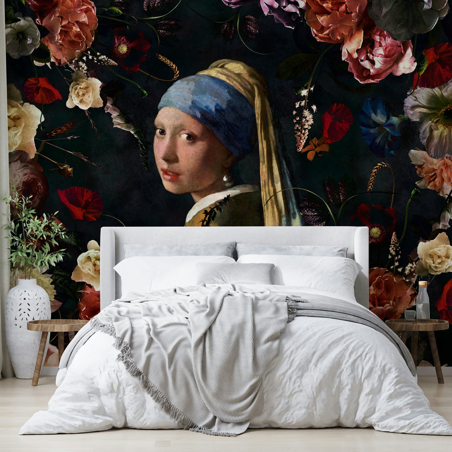 Floral renaissance wallpaper featuring famous artwork

