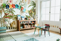 Watercolor mural featuring deer, fox, and birds

