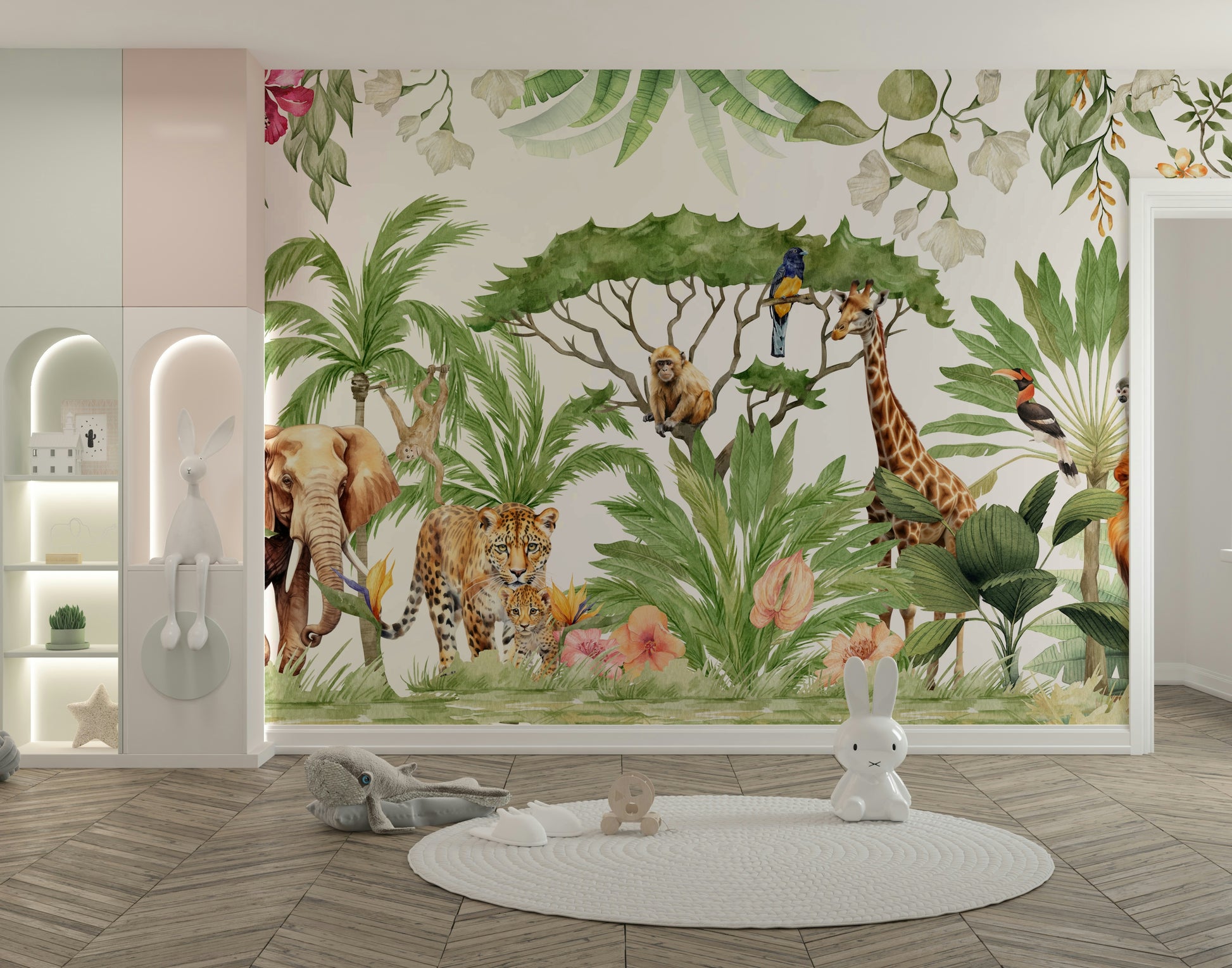 Watercolor animals and jungle mural for vibrant spaces

