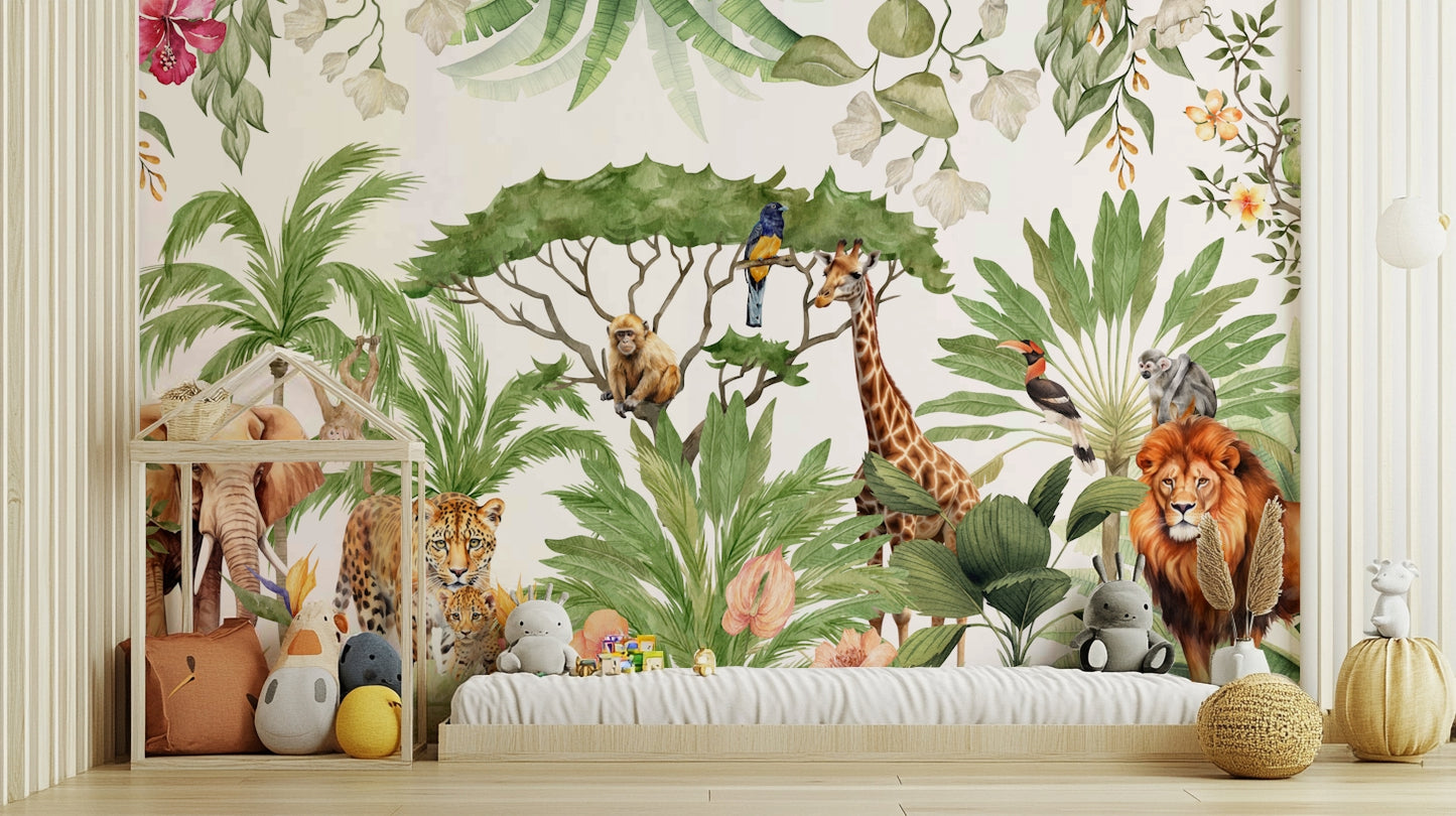 Watercolor wild animals wall mural with lush greenery

