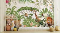 Watercolor wild animals wall mural with lush greenery

