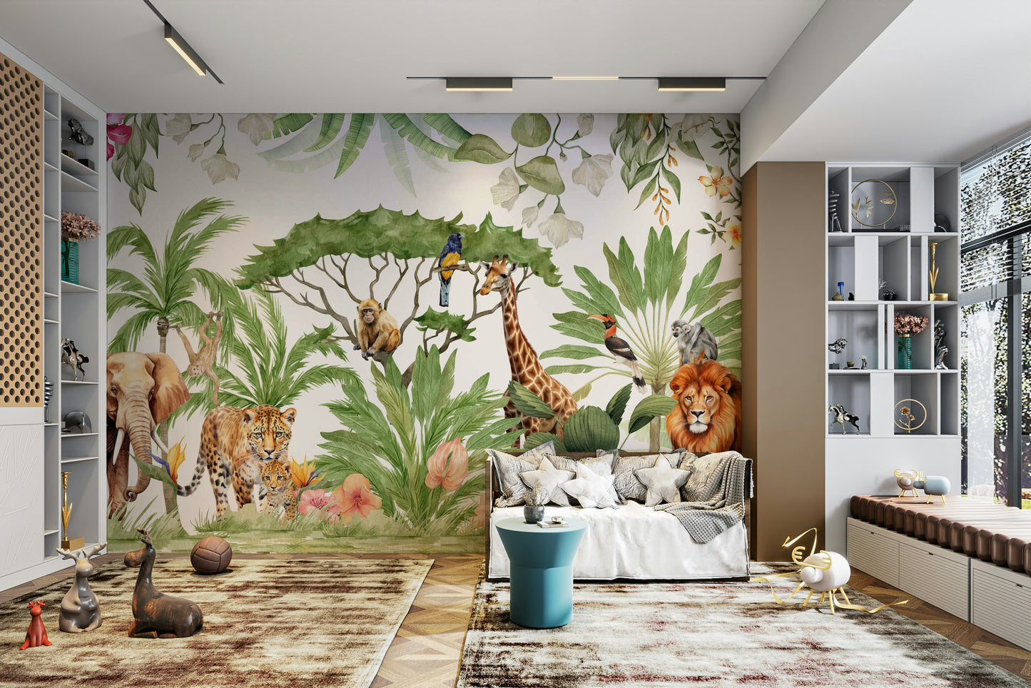 Tropical wildlife watercolor mural for modern homes

