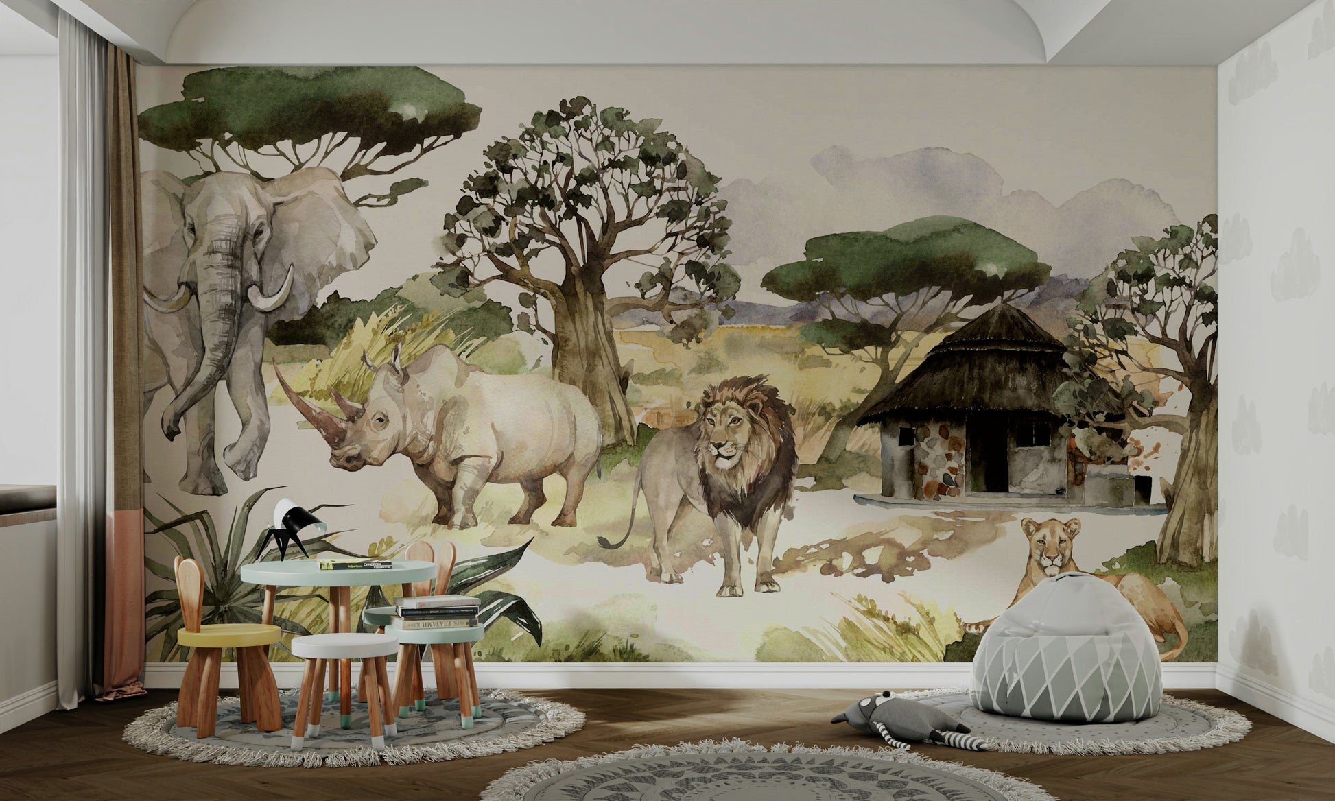 Wild animals in African landscape on watercolor wall mural

