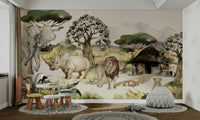 Wild animals in African landscape on watercolor wall mural

