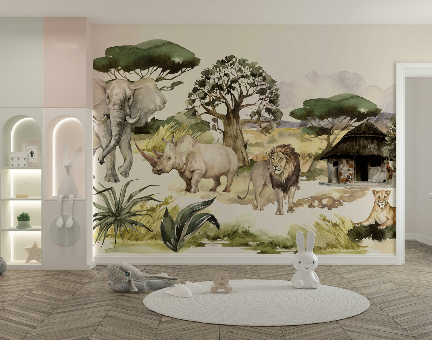 Watercolor lions and giraffes on African wildlife mural

